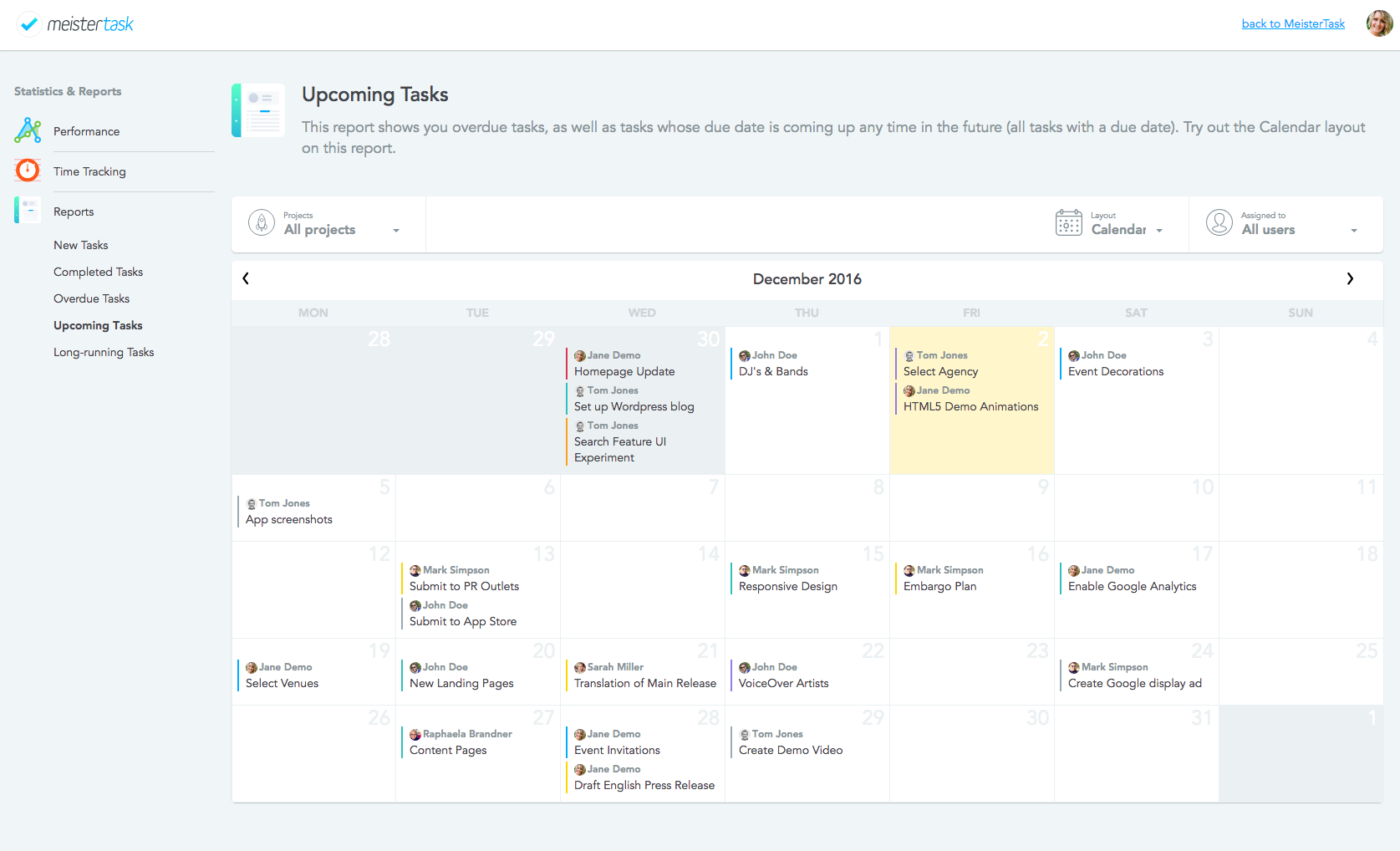 Statistics and reports: Upcoming tasks report in calendar view MeisterTask Business Zapier Automations