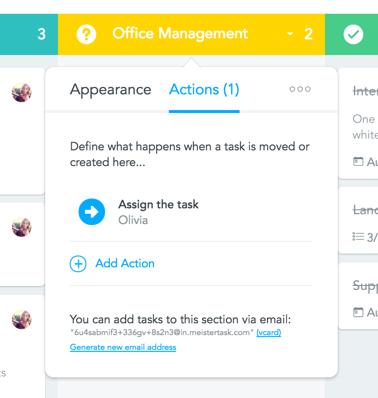 Section actions MeisterTask NewOrbit product management