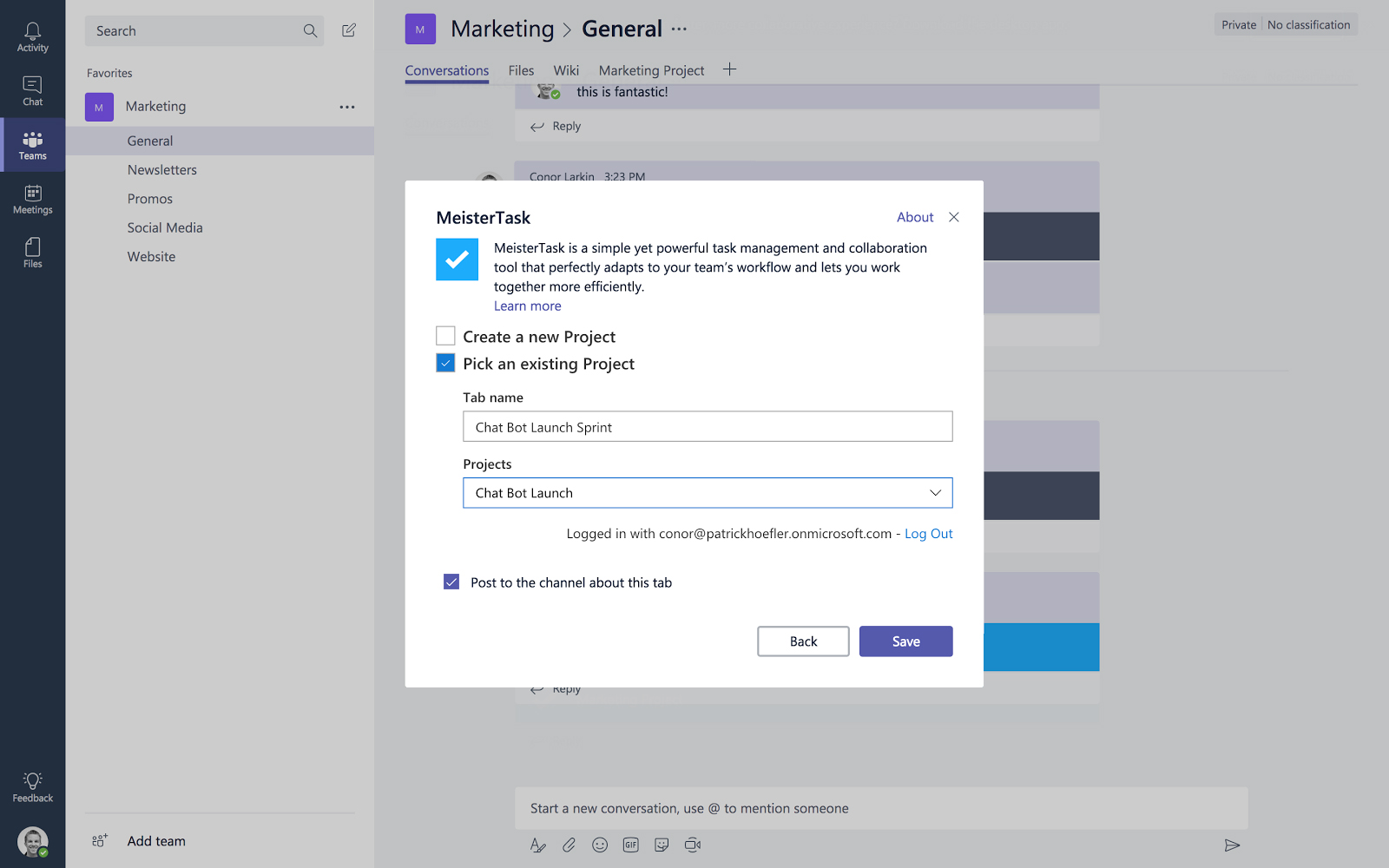 MeisterTask for Microsoft Teams selecting project