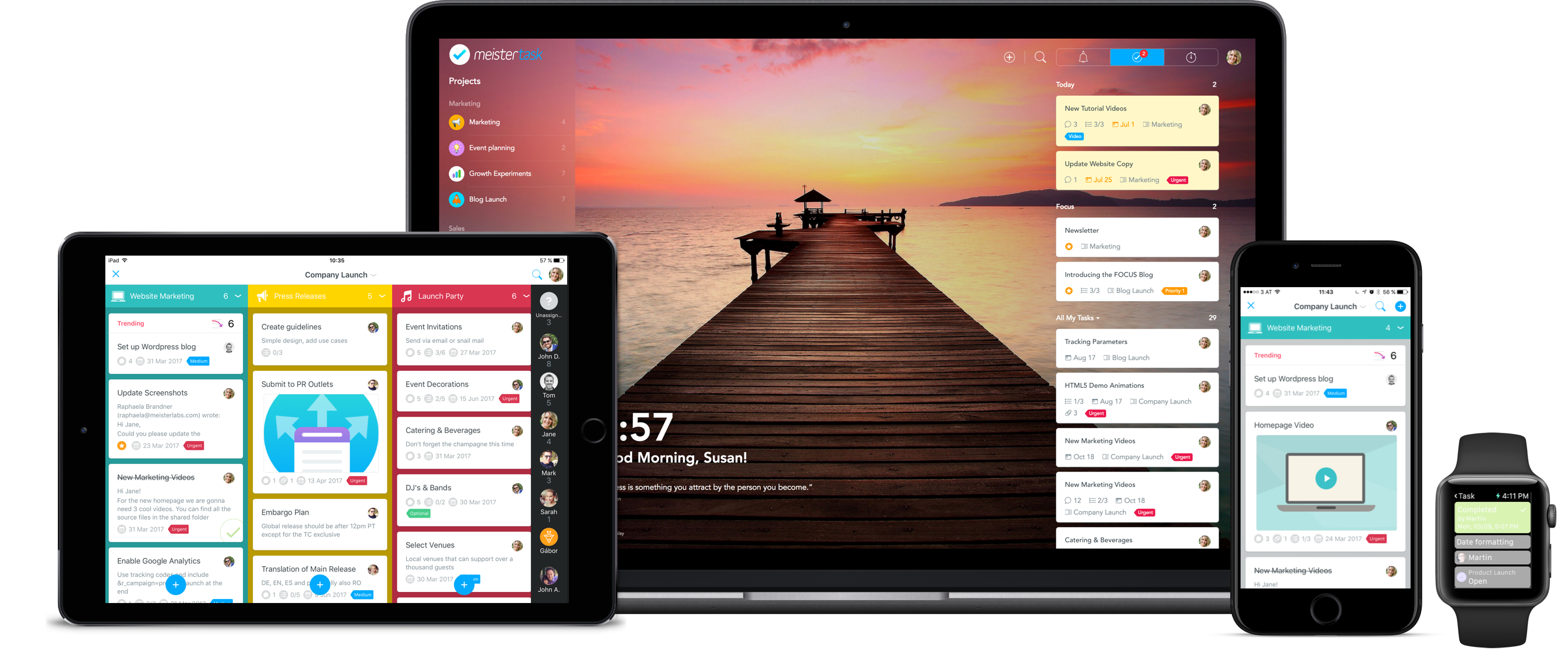MeisterTask device group on desktop, tablet, mobile, Apple watch